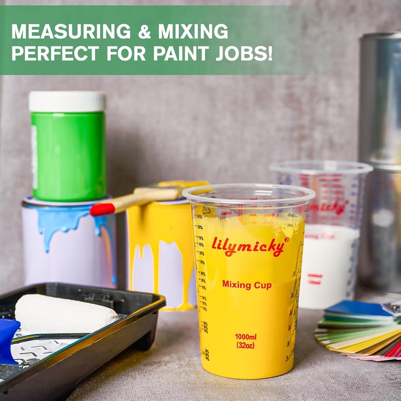 Lilymicky 50 PACK Plastic Measuring Cups, 32 oz (1000ml) Disposable Mixing Cups, Measurement ratios: 2:1, 3:1, 4:1, Perfect for Epoxy Resin, Paint Mixing, Art DIY - Image 5