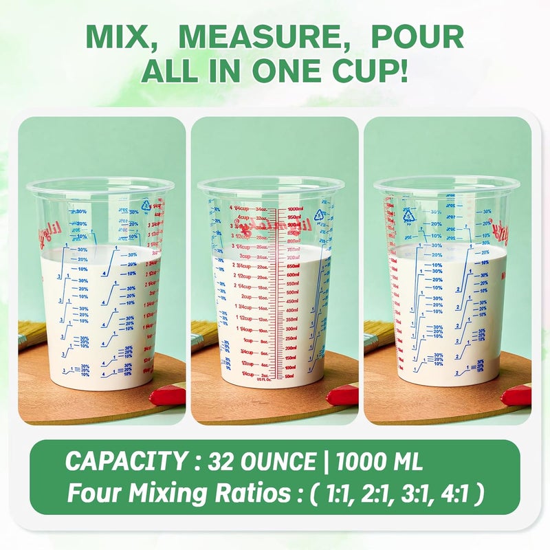 Lilymicky 50 PACK Plastic Measuring Cups, 32 oz (1000ml) Disposable Mixing Cups, Measurement ratios: 2:1, 3:1, 4:1, Perfect for Epoxy Resin, Paint Mixing, Art DIY - Image 4