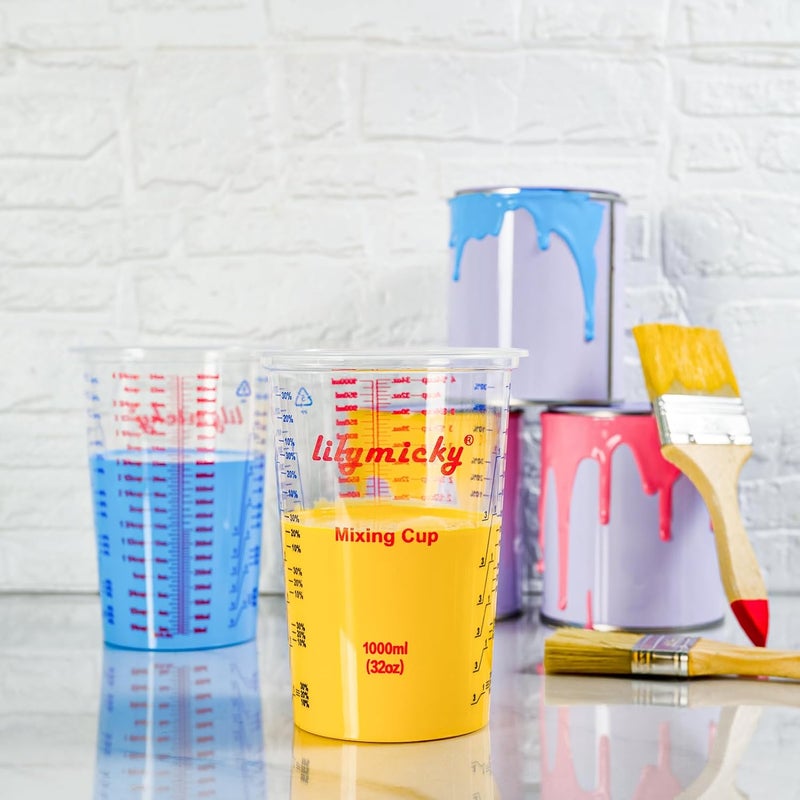 Lilymicky 50 PACK Plastic Measuring Cups, 32 oz (1000ml) Disposable Mixing Cups, Measurement ratios: 2:1, 3:1, 4:1, Perfect for Epoxy Resin, Paint Mixing, Art DIY - Image 3