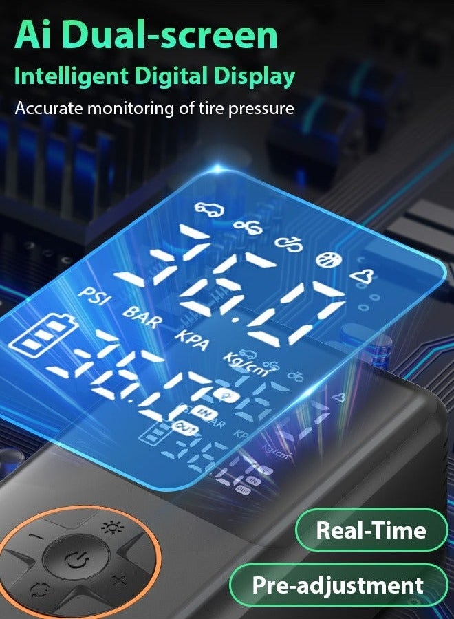 مضخة إطارات محمولة ومضغطة هواء لاسلكية مع شاشة رقمية لعرض القيم المزدوجة، مضخة إطارات 150 PSI للسيارات مع أضواء LED، مضخة هواء للسيارات والدراجات النارية والدراجات والكرات - Image 5