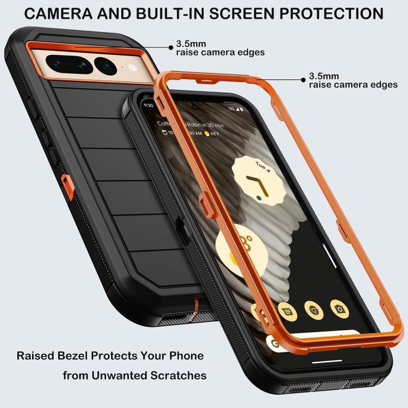 KECAI for Google Pixel 7 Pro Case with Belt Clip Holster,2X Screen Protector,Heavy Duty Shockproof Drop Protection Military Grade Full Body Rugged Phone Cover with Kickstand Black Orange - Image 2