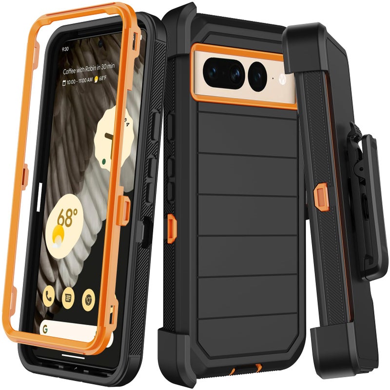 KECAI for Google Pixel 7 Pro Case with Belt Clip Holster,2X Screen Protector,Heavy Duty Shockproof Drop Protection Military Grade Full Body Rugged Phone Cover with Kickstand Black Orange - Image 1