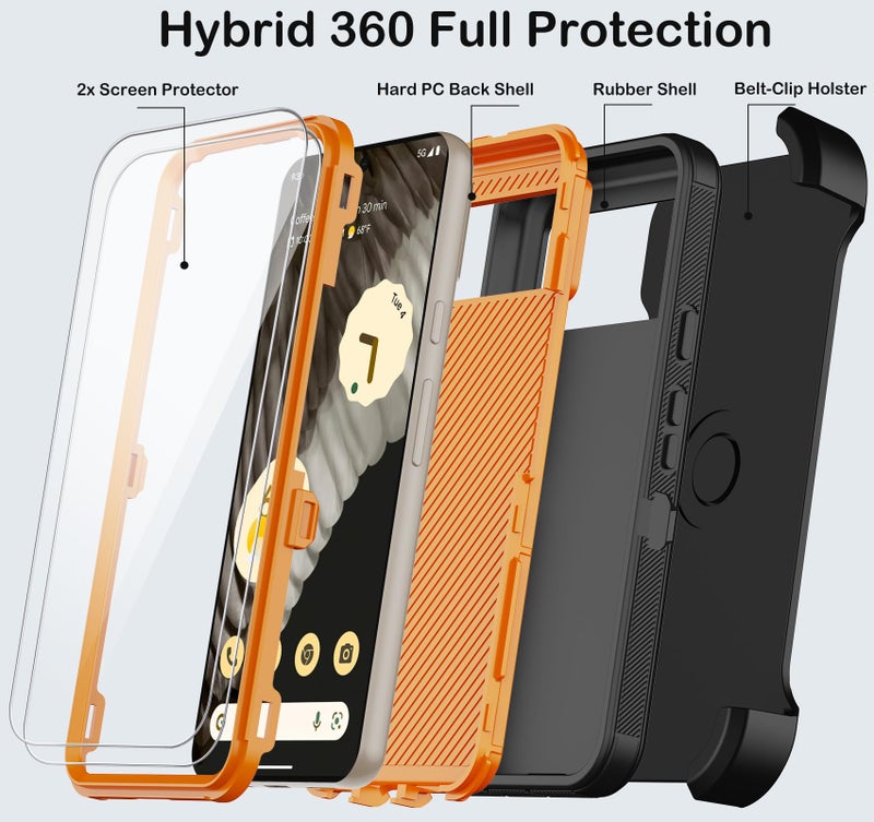 KECAI for Google Pixel 7 Pro Case with Belt Clip Holster,2X Screen Protector,Heavy Duty Shockproof Drop Protection Military Grade Full Body Rugged Phone Cover with Kickstand Black Orange - Image 3