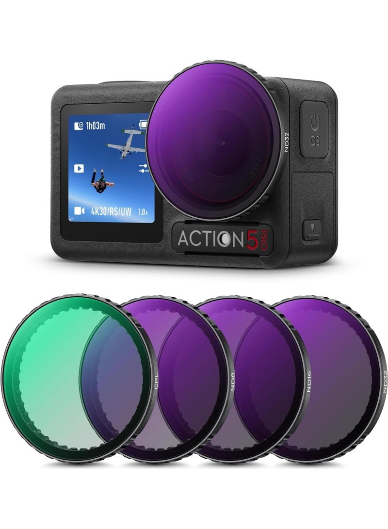 ARCHAEOPTERYX  Concept Snap On PL & ND Filter Kit Compatible with DJI Osmo Action 3/4/5 Pro, 4 Pack Push-in Fit CPL ND8 ND16 ND32 Polarizing Neutral Density Filter, HD Optical Glass Multi-Coated - Image 1