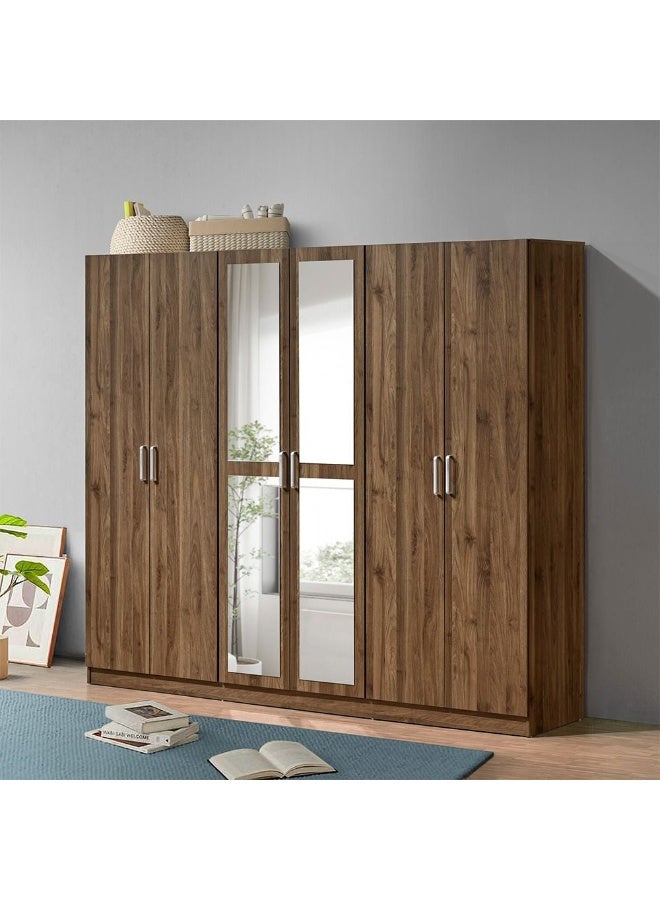 DANUBE HOME Supreme 6-Door Swing Wardrobe with Mirror – Light Walnut Finish– Spacious Bedroom Storage Cabinet with Hanging Rod & Shelves – Modern Wardrobe for Bedroom, Living Room, Hallway – Stylish Wooden Wardrobe for Home Organization - Image 1