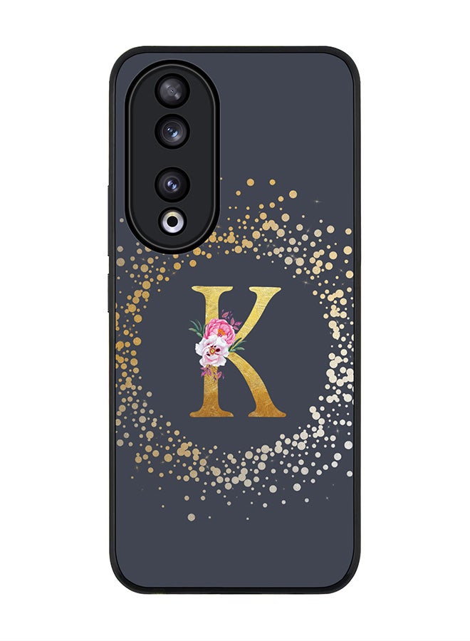 Stylizedd حافظة حواف سوداء متينة لهونر 90 5G، تصميم رفيع مرن مضاد للسقوط - حرف مونوغرام مخصص بنمط زهور - ك (رمادي) - Image 1