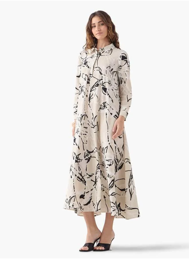 Iconic Iconic All-Over Floral Print Trapeze Dress with Cuff Sleeves