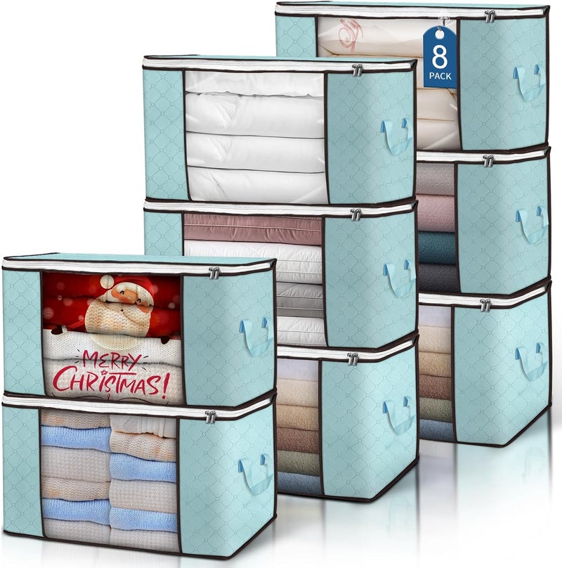 Budding Joy 90L Large Storage Bags 8 Pack Clothes Storage Bins Foldable Closet Organizer Storage Containers with Durable Handles Storage and Organization Blanket Pillows and Toys Blue - Image 1