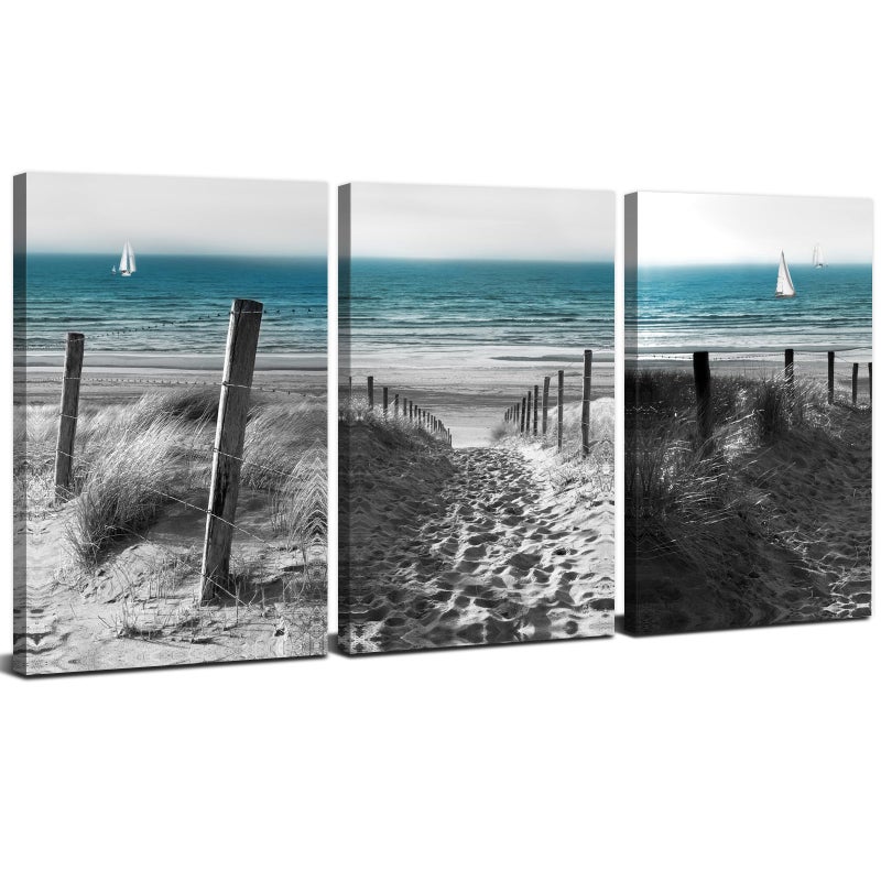 YOOOAHU Black and White Beach Wall Art Bathroom Decor Teal Coastal Wall Decor for Living Room Nautical Sand Dune Scenery Painting Ocean Seascape Picture Canvas Artwork Bedroom Office Home Decoration 12x16