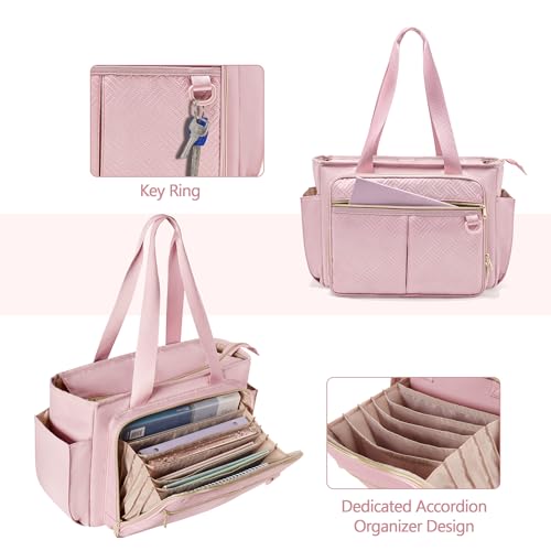 Prokva Teacher Tote Bag with Accordion File Organizer Pocket, Large Teacher Work Utility Bag for Women, Pink(Patent Design) - Image 3
