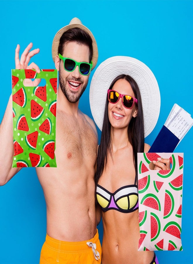 Reallnaive 48 Pcs Watermelon Party Treat Bags Bulk Small Plastic Watermelon Goodie Party Favor Gift Bags Summer Fruit Candy Bag with Handle for Birthday Pool Wrap Supplies 9.8" x 6.3" - Image 2