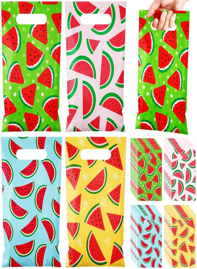 Reallnaive 48 Pcs Watermelon Party Treat Bags Bulk Small Plastic Watermelon Goodie Party Favor Gift Bags Summer Fruit Candy Bag with Handle for Birthday Pool Wrap Supplies 9.8" x 6.3" - Image 1