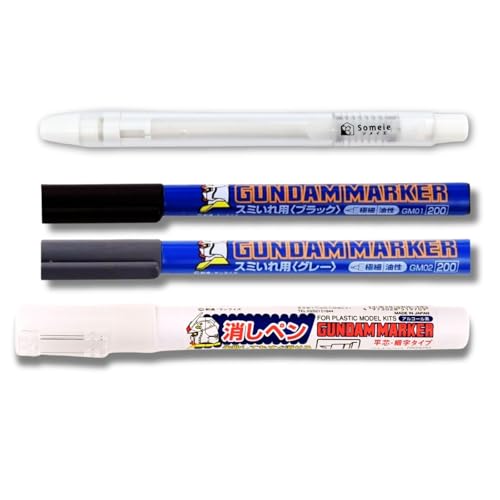Someie GSI Creos Gundam Marker Ultra Fine for Panel Lining GM01 Black & GM02 Gray & Eraser Pen GM300 & Knock-Type Eraser - Image 1