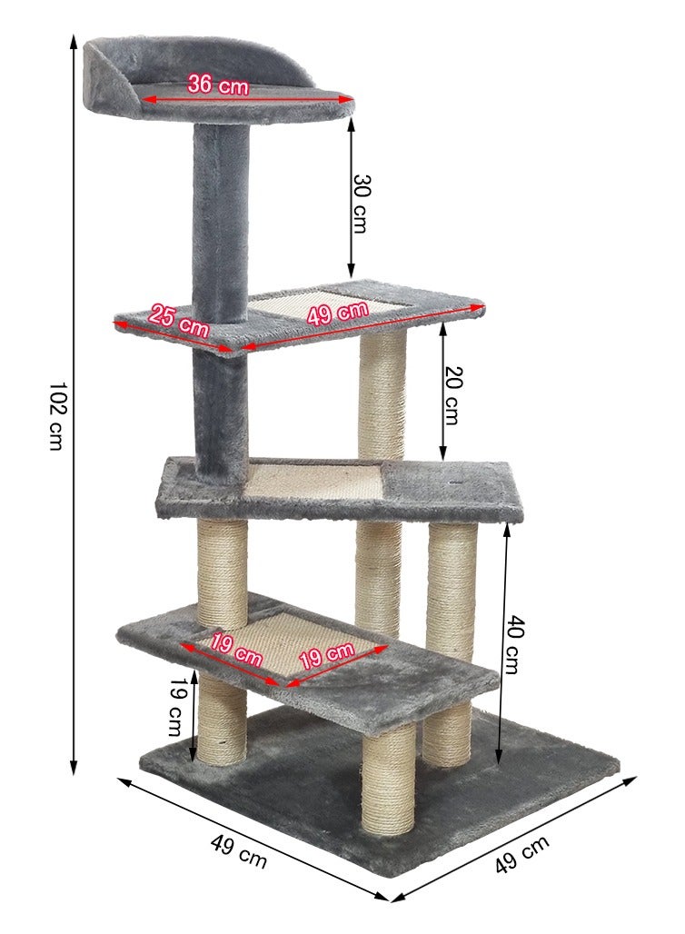 NNC PETS Cat tree with Climbing ladders, Cover with Soft plush fabric, and Durable, Indoor cat playground for all size breeds, Activity tower with Top perch, Sisal carpets, and Scratching posts, 102 cm (Grey) - Image 2