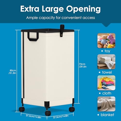 Twira Laundry Basket with Wheels 105L Large Rolling Laundry Hamper with Removable Bag Metal Frame Collapsible Dirty Clothes Bin Cloth Organizer Hampers Pull Handle for Bathroom Dorm Bedroom White - Image 3