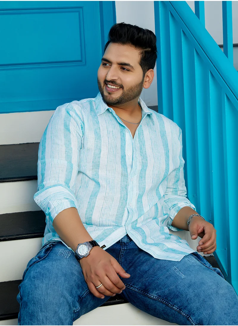 انستافاب بلس Instafab Plus Men's Sky Blue Pincandy-Striped Regular Shirt For Casual Wear | Spread Collar | Long Cuffed Sleeves | Button Closure | Plus Size Shirt Crafted With Comfort Fit For Everyday Wear