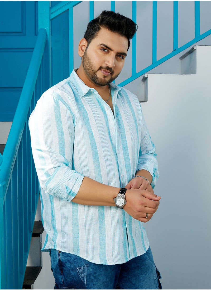 Instafab Plus Instafab Plus Men's Sky Blue Pincandy-Striped Regular Shirt For Casual Wear | Spread Collar | Long Cuffed Sleeves | Button Closure | Plus Size Shirt Crafted With Comfort Fit For Everyday Wear  - Image 3