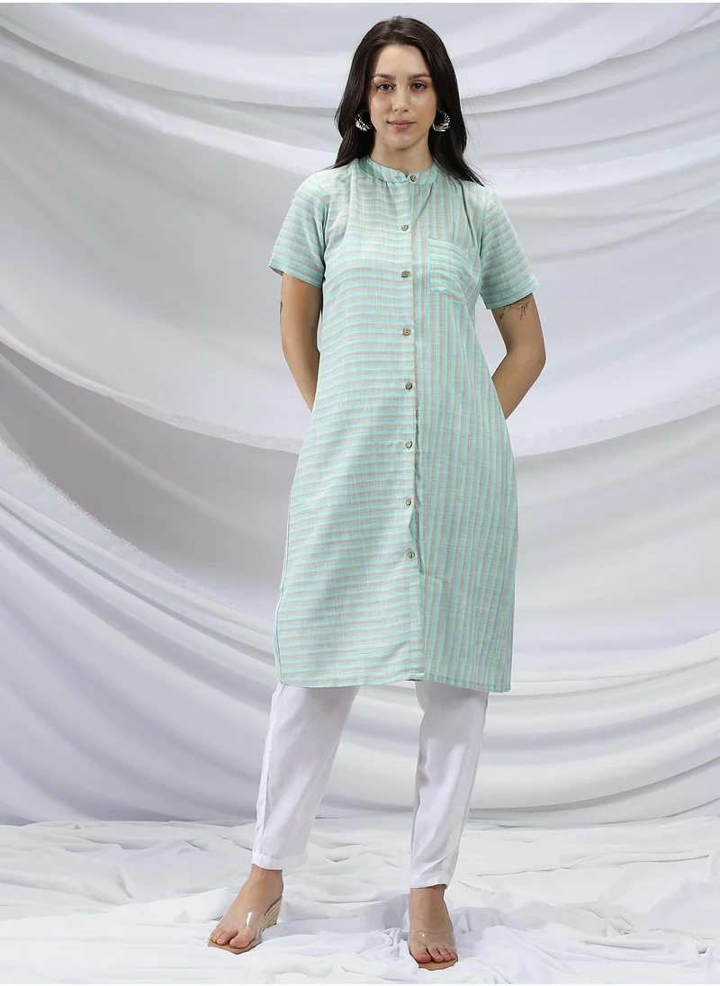 QISSA Qissa Women's Mint Green & Saltbox Beige Shadow Striped Kurta For Casual Wear | Mandarin Collar | Short Sleeves | 1 Piece Kurta With Pocket Designed With Comfort Fit For Everyday Ethnic Wear