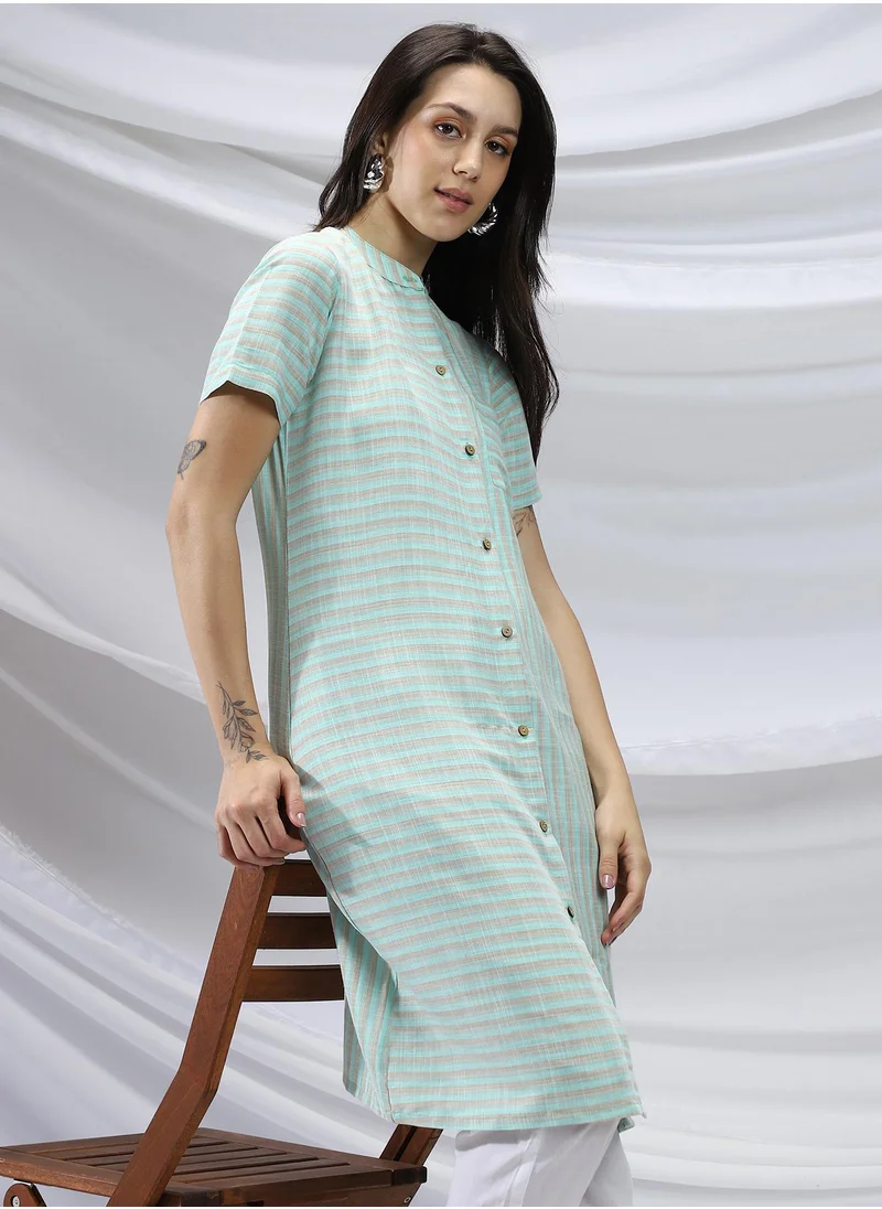 QISSA Qissa Women's Mint Green & Saltbox Beige Shadow Striped Kurta For Casual Wear | Mandarin Collar | Short Sleeves | 1 Piece Kurta With Pocket Designed With Comfort Fit For Everyday Ethnic Wear