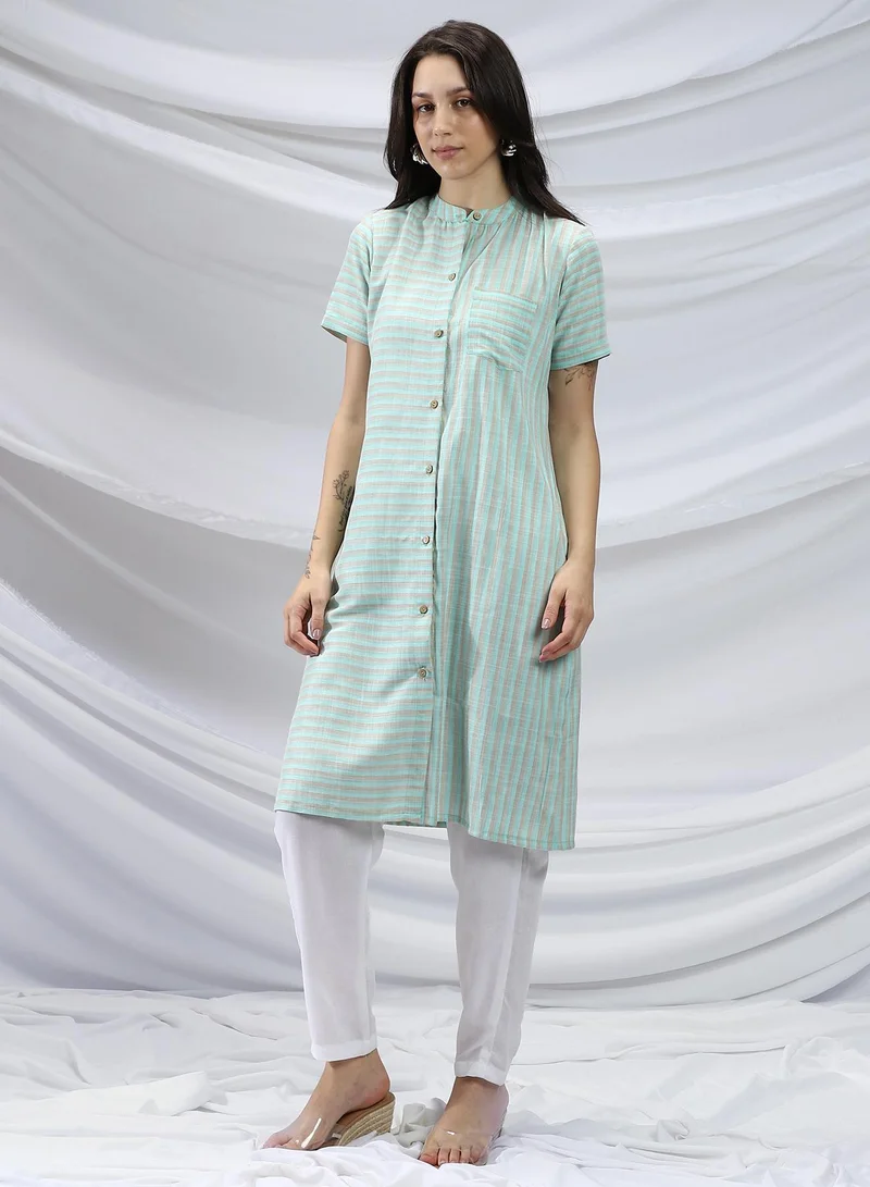 QISSA Qissa Women's Mint Green & Saltbox Beige Shadow Striped Kurta For Casual Wear | Mandarin Collar | Short Sleeves | 1 Piece Kurta With Pocket Designed With Comfort Fit For Everyday Ethnic Wear
