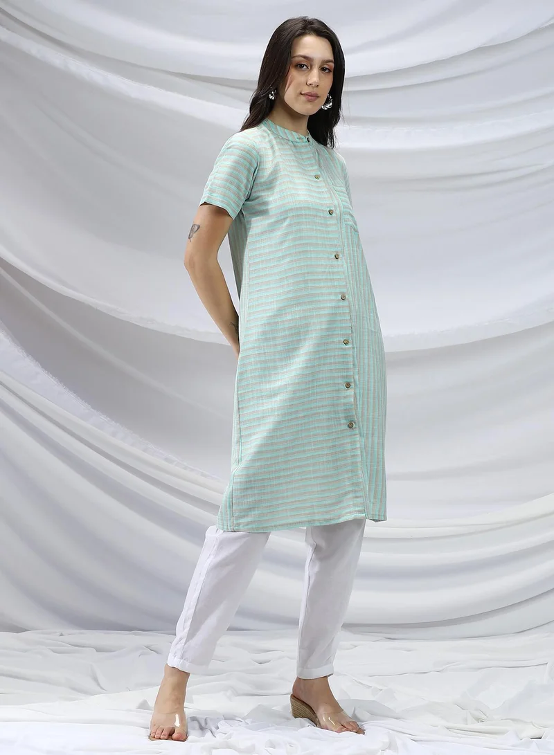 QISSA Qissa Women's Mint Green & Saltbox Beige Shadow Striped Kurta For Casual Wear | Mandarin Collar | Short Sleeves | 1 Piece Kurta With Pocket Designed With Comfort Fit For Everyday Ethnic Wear