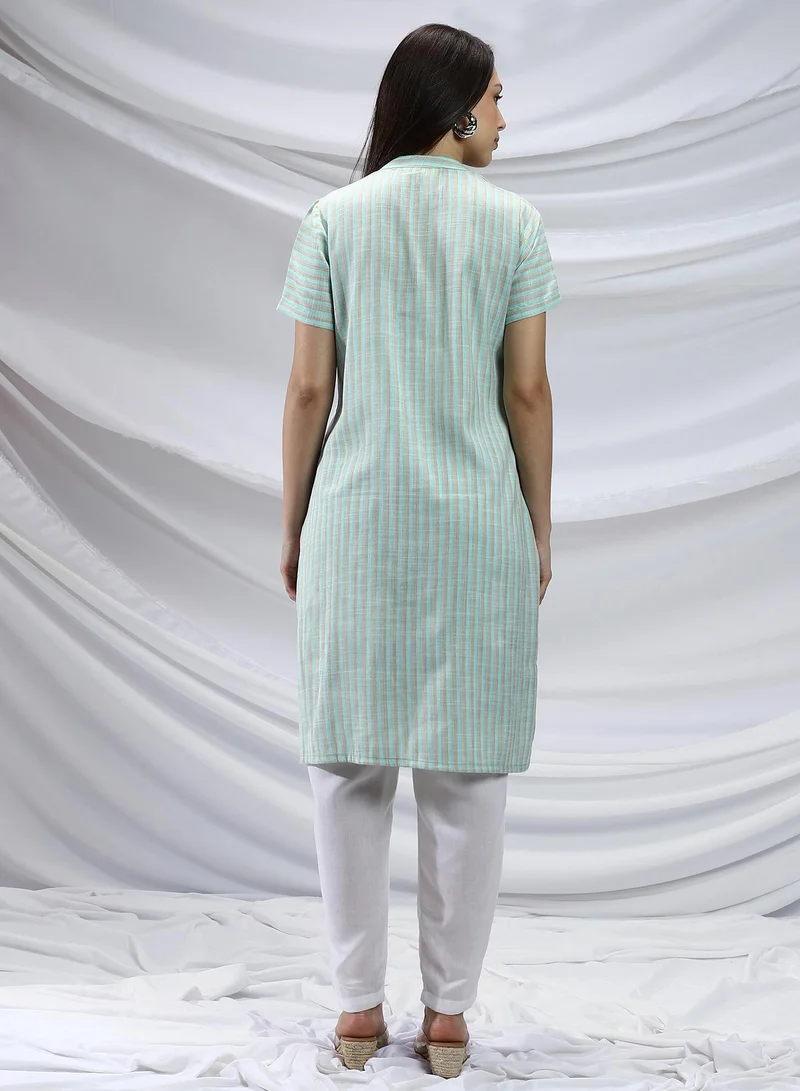 QISSA Qissa Women's Mint Green & Saltbox Beige Shadow Striped Kurta For Casual Wear | Mandarin Collar | Short Sleeves | 1 Piece Kurta With Pocket Designed With Comfort Fit For Everyday Ethnic Wear