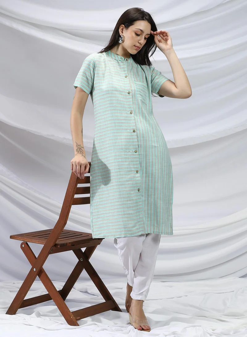 QISSA Qissa Women's Mint Green & Saltbox Beige Shadow Striped Kurta For Casual Wear | Mandarin Collar | Short Sleeves | 1 Piece Kurta With Pocket Designed With Comfort Fit For Everyday Ethnic Wear