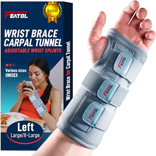 FEATOL Wrist Brace Carpal Tunnel for Women Men, Adjustable Night Sleep Support Brace with Splints Left Hand, Large/X-Large - Image 1