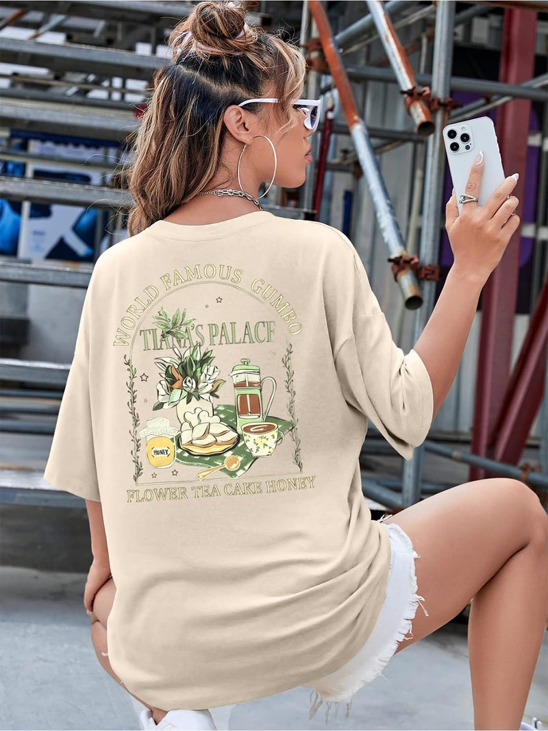 FAYALEQ Oversized Magic Kingdom Shirts for Women Princess Shirt Magical Kingdom Tees Flower Tea Cake Honey Graphic Short Sleeve Tops - Image 3