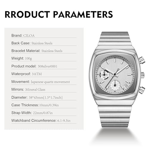 CILOA Mens Watches Chronograph Stainless Steel Waterproof Date Analog Business Fashion Wrist Watch for Men（Silver） - Image 5