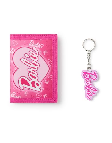 Barbie Girls Wallet | Pink Trifold Wallet Heart All Over Print for Kids | Childrens Cash & Card Holder Keychain - Image 1