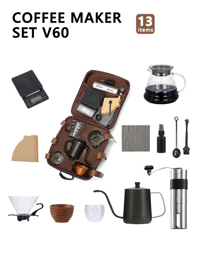 Bolivia's V60 Coffee Maker Set, Manual Pour Over Drip Coffee Maker Set, 13 pcs Coffee Accesspries with Portable Carry Case for Home, Party, Camping 