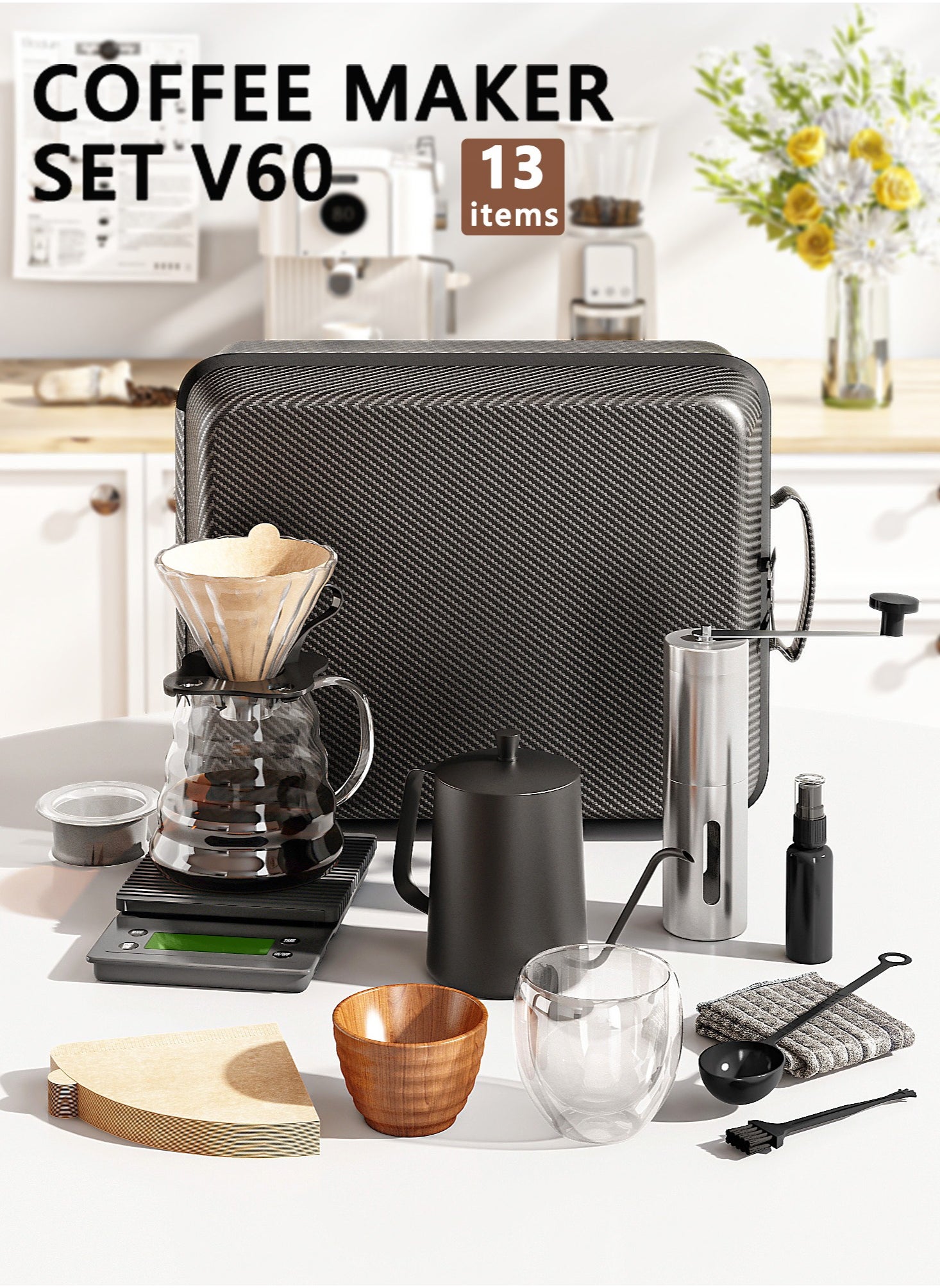 Bolivia's V60 Coffee Maker Set, Manual Pour Over Drip Coffee Maker Set, 13 pcs Coffee Accesspries with Portable Carry Case for Home, Party, Camping 