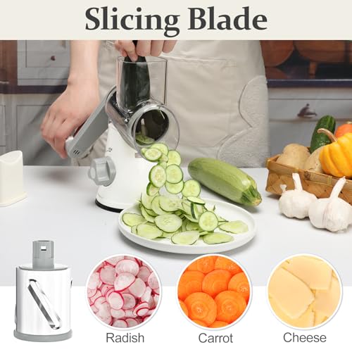 Cambom 5 in 1 Rotary Cheese Grater Hand Crank Cheese Shredder for Fresh Cheese, Vegetable, Nuts,Non-slip Suction Base, Five Blades, White - Image 5