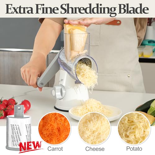 Cambom 5 in 1 Rotary Cheese Grater Hand Crank Cheese Shredder for Fresh Cheese, Vegetable, Nuts,Non-slip Suction Base, Five Blades, White - Image 2