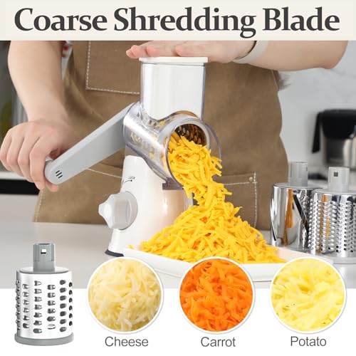 Cambom 5 in 1 Rotary Cheese Grater Hand Crank Cheese Shredder for Fresh Cheese, Vegetable, Nuts,Non-slip Suction Base, Five Blades, White - Image 4