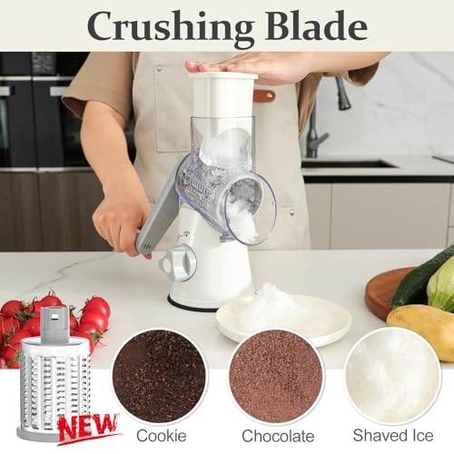 Cambom 5 in 1 Rotary Cheese Grater Hand Crank Cheese Shredder for Fresh Cheese, Vegetable, Nuts,Non-slip Suction Base, Five Blades, White - Image 3
