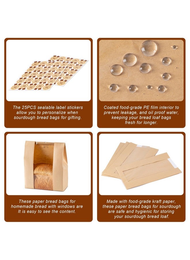هوويينا أكياس خبز ورقية 25 قطعة، أكياس خبز العجين المخمر للخبز محلي الصنع، أكياس مخبوزة كبيرة مع نافذة تتضمن 25 قطعة من ملصقات الختم لتخزين الخبز محلي الصنع (13.7 × 8.3 × 3.5 بوصة) - Image 3