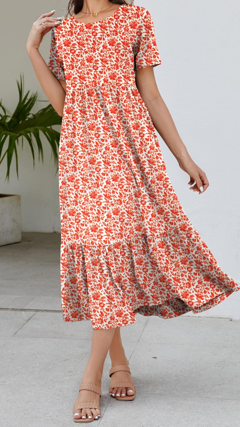 Jeqeocafy Summer Dresses for Women Flowy Maxi Sundress Short Sleeve Tiered Beach Dress with Pockets 2026 Vacation Travel - Image 5