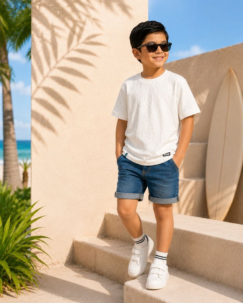 Zeron Boys White Embossed Letter Pattern T-Shirt Short Sleeve Casual Crew Neck Cotton Tee for Kids - Image 2