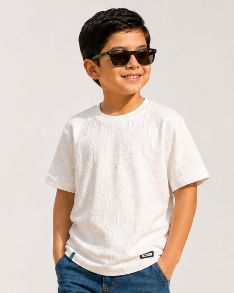 Zeron Boys White Embossed Letter Pattern T-Shirt Short Sleeve Casual Crew Neck Cotton Tee for Kids - Image 1