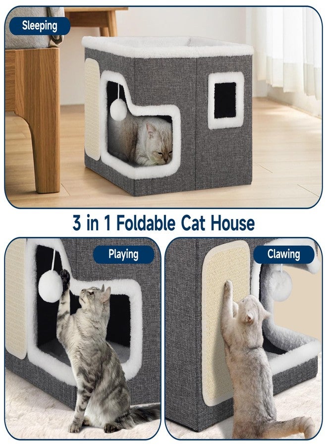 Shikha Cat Beds for Indoor Cats, Large Cat Cave with Cozy Hideout, Scratch Pad, Fluffy Ball Hanging, Foldable Cat Hideaway Hold Up to 30LBS, Indoor Cat House with Reversible Soft Cushions for All Seasons - Image 5