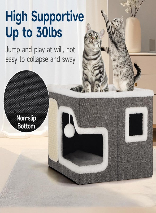 Shikha Cat Beds for Indoor Cats, Large Cat Cave with Cozy Hideout, Scratch Pad, Fluffy Ball Hanging, Foldable Cat Hideaway Hold Up to 30LBS, Indoor Cat House with Reversible Soft Cushions for All Seasons - Image 3