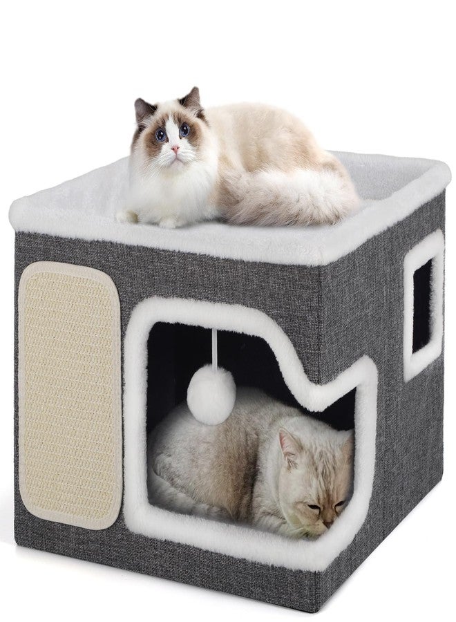 Shikha Cat Beds for Indoor Cats, Large Cat Cave with Cozy Hideout, Scratch Pad, Fluffy Ball Hanging, Foldable Cat Hideaway Hold Up to 30LBS, Indoor Cat House with Reversible Soft Cushions for All Seasons - Image 1