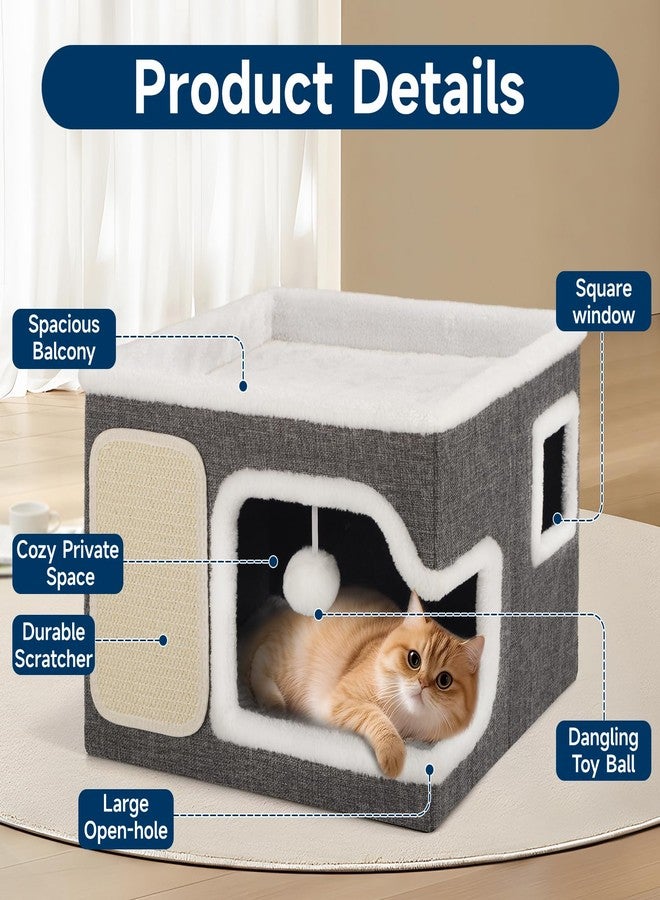 Shikha Cat Beds for Indoor Cats, Large Cat Cave with Cozy Hideout, Scratch Pad, Fluffy Ball Hanging, Foldable Cat Hideaway Hold Up to 30LBS, Indoor Cat House with Reversible Soft Cushions for All Seasons - Image 4