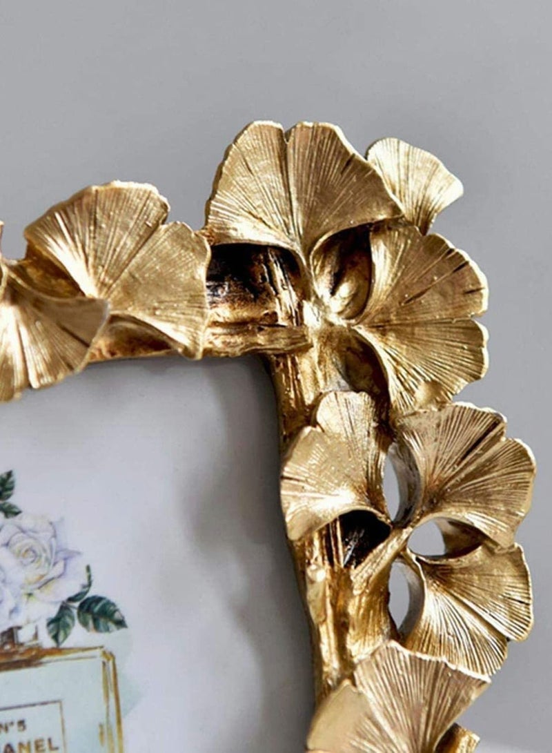 Photo Frame, Polyresin Picture Frame Gold Ginkgo Leaves for Lovers Home Decoration Ornament Gifts Golden Vintage Table Top Display and Personalized Gallery Wall Hanging Decor (Gold) - Image 2