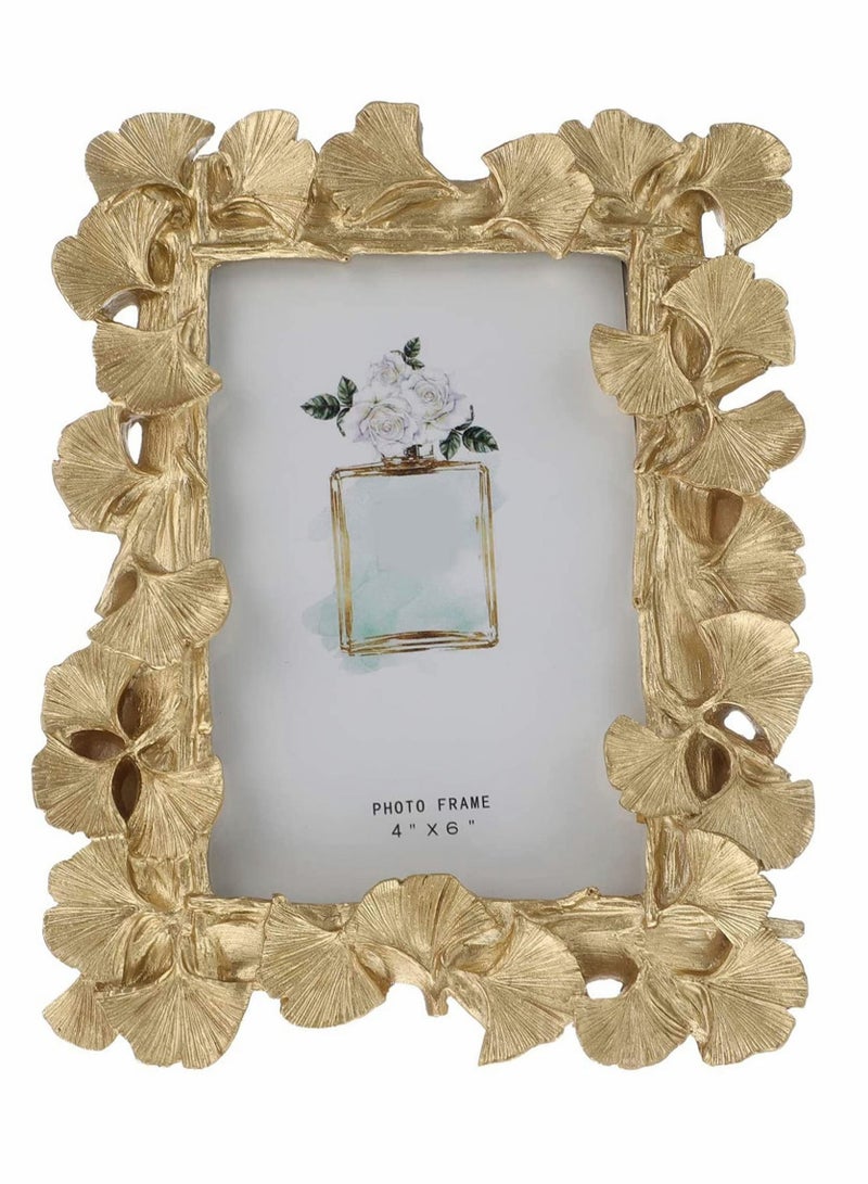 Photo Frame, Polyresin Picture Frame Gold Ginkgo Leaves for Lovers Home Decoration Ornament Gifts Golden Vintage Table Top Display and Personalized Gallery Wall Hanging Decor (Gold) - Image 1