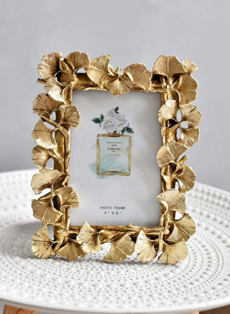 Photo Frame, Polyresin Picture Frame Gold Ginkgo Leaves for Lovers Home Decoration Ornament Gifts Golden Vintage Table Top Display and Personalized Gallery Wall Hanging Decor (Gold) - Image 3