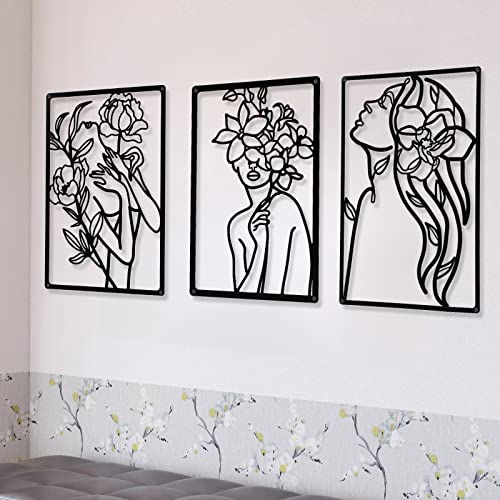 CHENGU 3 Pieces Metal Minimalist Abstract Woman Wall Art Line Drawing Wall Art Decor Single Line Female Home Hanging for Kitchen Bathroom Living Room - Image 1