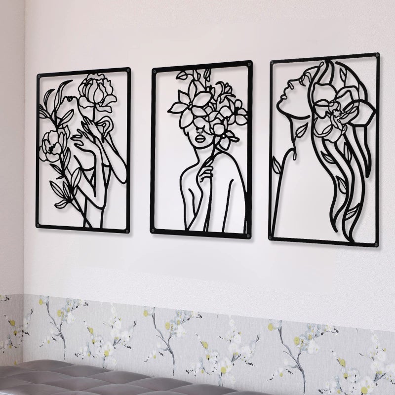 CHENGU 3 Pieces Metal Minimalist Abstract Woman Wall Art Line Drawing Wall Art Decor Single Line Female Home Hanging for Kitchen Bathroom Living Room - Image 2